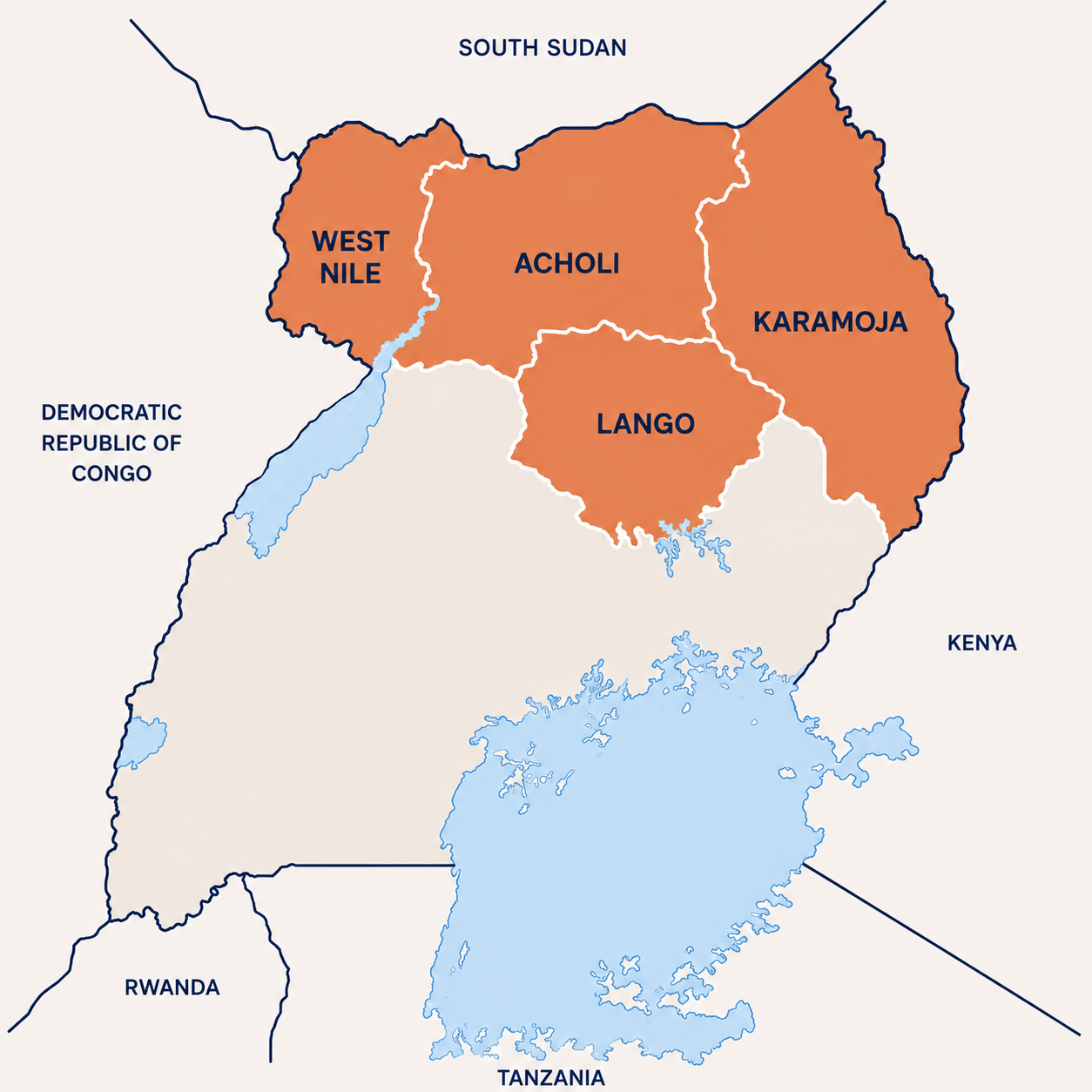 Map of Uganda highlighting West Nile, Acholi, Lango and Karamoja
